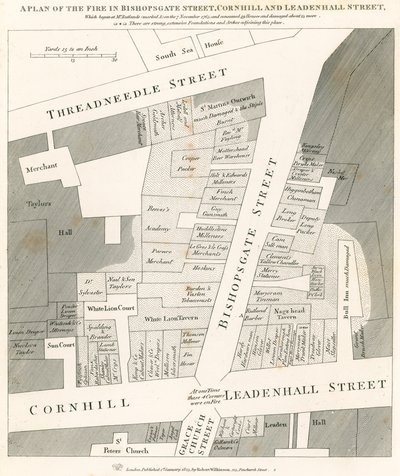 Suunnitelma tulipalosta Bishopsgate Streetillä, Cornhillillä ja Leadenhall Streetillä Lontoossa, joka alkoi 7. marraskuuta 1765 tekijältä English School