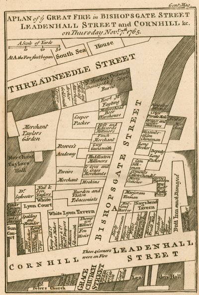 Suunnitelma tulipalosta Bishopsgate Streetillä, Cornhillillä ja Leadenhall Streetillä Lontoossa, joka alkoi 7. marraskuuta 1765 tekijältä English School