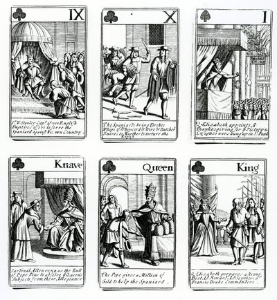 Pelikortit, jotka kuvaavat Espanjan Armadan tapahtumia, 1699 tekijältä English School