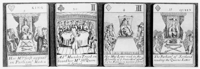 Pelikortit, jotka kuvaavat tapahtumia kuningatar Annen hallituskauden varhaisvaiheessa, sarjasta Espanjan peräkkäissodan (1702-13) muistoksi tekijältä English School