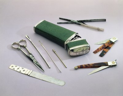 Pocket Etui, joka sisältää kirurgien instrumentteja pieniin leikkauksiin (shagreen, hopea, teräs ja kilpikonnankuori) tekijältä English School