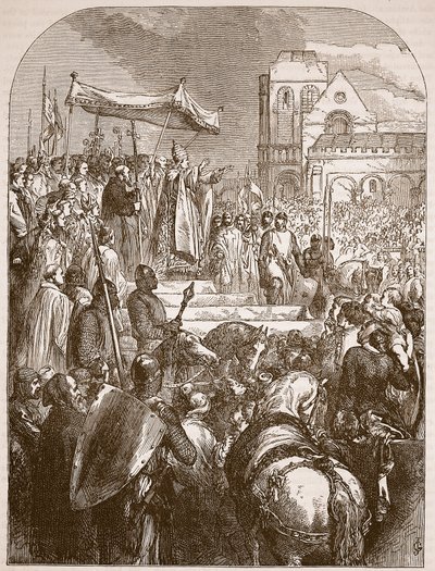 Paavi Urbanus II saarnaamassa ensimmäistä ristiretkeä Clermontin torilla, 1096, kuva Cassells Illustrated History of Englandista (seepiakuva) tekijältä English School