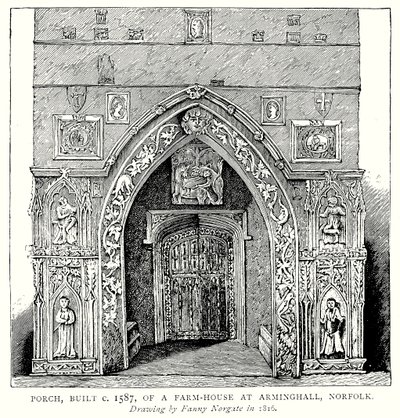 Noin vuonna 1587 rakennetun Arminghallin, Norfolkin maatilan kuisti (kaiverrus). tekijältä English School