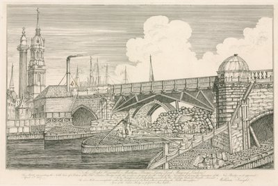 Osa Old London Bridgestä, piirretty vuonna 1827 rakennustöiden aikana tekijältä English School