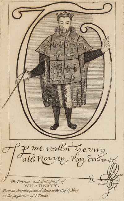 Muotokuva ja nimikirjoitus Wil Hervystä (William Harvey) tekijältä English School