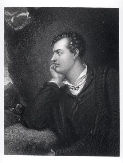 George Gordonin, Rochdalen kuudennen lordi Byronin (1788-1824) muotokuva (kaiverrus) (m/v kuva) tekijältä English School