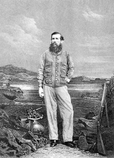 John Speken (1827-64) muotokuva Victoria-järven edustalla, vuodelta 1863 ilmestyneen Journal of the Discovery of the Source of the Niilin etulevy tekijältä English School