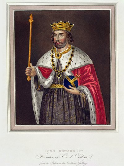 Oriel Collegen perustajan kuningas Edward II:n (1284-1327) muotokuva Bodleian Libraryssa tehdyn maalauksen jälkeen (värikaiverrus) tekijältä English School