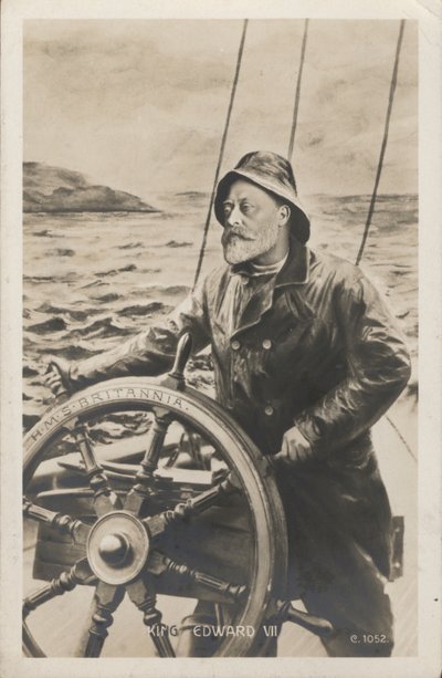 Kuningas Edward VII:n muotokuva HMS Britannian ruorissa (litho) tekijältä English School