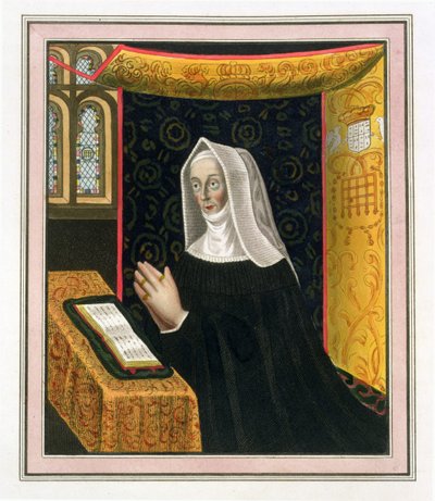 Margaret Beaufort, Richmondin ja Derbyn kreivitär (1443-1509), Cambridgen St. Johns Collegen perustaja, muotokuva The History of Cambridgen pubista. R. Ackermann, 1815 (väriakvatinta) tekijältä English School