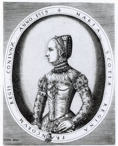 Hieronymus Cockin (n.1510-70) kaiverrettu muotokuva Skotlannin kuningattaresta Mariasta (1542-87) 1559. tekijältä English School
