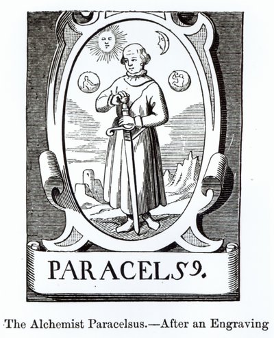 Muotokuva Paracelsuksesta (Philippus Aureolus Theophrastus) (1493-1541), kuvitus tieteestä ja kirjallisuudesta keskiajalla ja renessanssilla, kirjoittanut ja kaivertanut Paul Lacroix, 1878 (woodc tekijältä English School