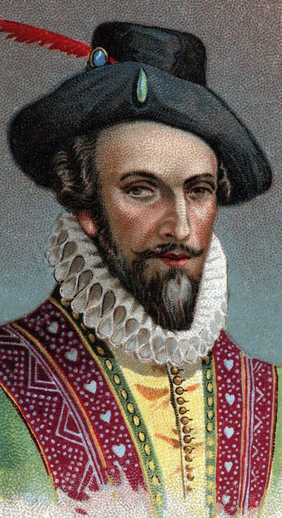 Muotokuva Raleighista, Sir Walter (1554-1618). Englantilainen merimies, tutkimusmatkailija ja välittäjä - Sarjasta "" Leaders of Men"" - Kromolitografia - Englantilainen koulu, 1900-luku - tekijältä English School