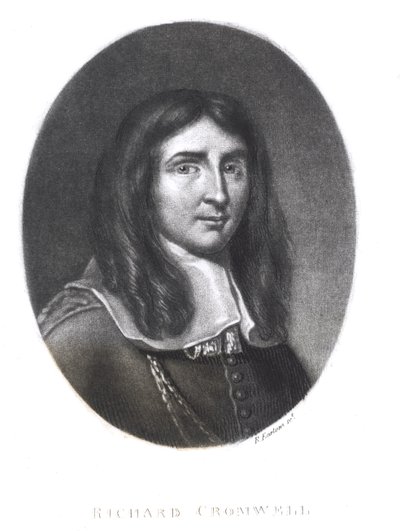 Richard Earlomin (1743-1822) kaivertama Richard Cromwellin (1626-1712) muotokuva teoksesta "Illustrious Characters in British History" (mezzotint) tekijältä English School