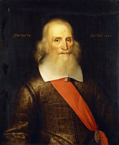 Muotokuva Sir Oliver Cromwellista, 84-vuotias, puolipitkä, brodeeratussa kaksoiskappaleessa, jossa valkoinen kaulus ja punainen vyö, 1647 tekijältä English School