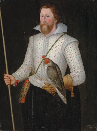 Sir Thomas Monsonin muotokuva, puolipitkä, leikatussa valkoisessa kaksoiskappaleessa, miekalla vyötettynä, kädessään haukka ja virkasauva tekijältä English School