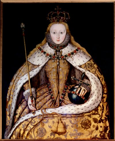 Kuningatar Elisabet II:n muotokuva kruunuvaatteessa, n. 1600 (öljy paneelille) (öljy kankaalle) tekijältä English School