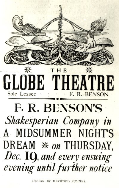Julistemainos William Shakespearen (1564-1616) "Kesäyön unelma" F. R. Bensonin Shakespearean Companyn esittämänä Globe-teatterissa, noin 1890 (painettu) tekijältä English School