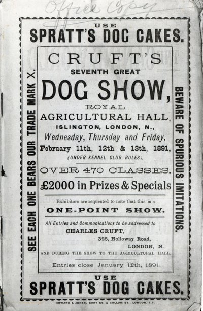 Juliste mainostaa Cruftin koiranäyttelyä Royal Agricultural Hallissa Islingtonissa, Lontoossa vuonna 1891 tekijältä English School