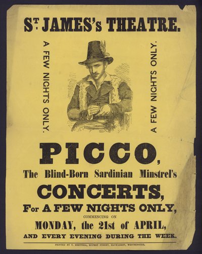 Juliste, joka mainostaa sokean Sardinian Minstrelin Piccon konsertteja St James