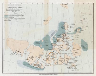 Alustava luonnoskartta saariryhmästä, joka tunnetaan nimellä Franz Josef Land tekijältä English School