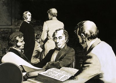 Pääministeri Benjamin Disraeli neuvottelee konservatiivisten kollegoidensa kanssa tekijältä English School