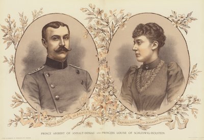 Anhalt-Dessaun prinssi Aribert ja Schleswig-Holsteinin prinsessa Louise (chromolitho) tekijältä English School