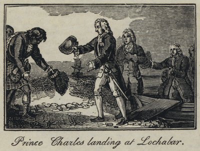 Prinssi Charles laskeutumassa Lochabariin (kaiverrus) tekijältä English School