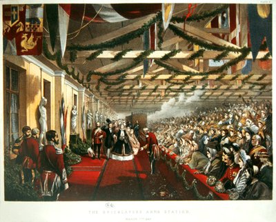 Tanskan prinsessa Alexandra saapuu Lontooseen 7. maaliskuuta 1863 The Bricklayers Arms Stationille tulevan aviomiehensä Walesin prinssin kanssa. 1863 (väri litho) tekijältä English School