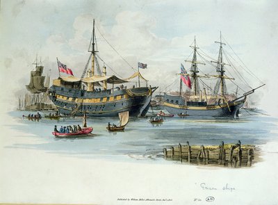 Vankilaivat, joita britit käyttivät Napoleonin sotien aikana ranskalaisten vankien majoittamiseen, 1805 (värikaiverrus) tekijältä English School