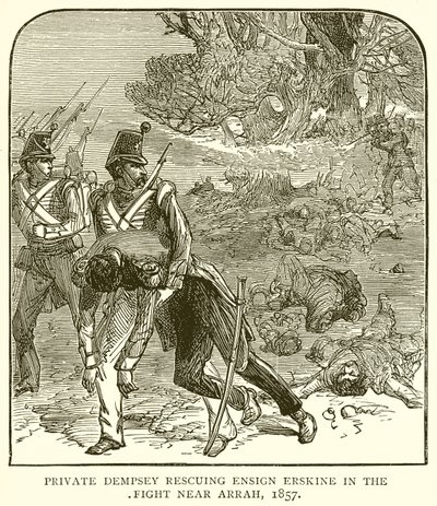 Sotamies Dempsey pelastaa lipukkeen Erskinen taistelussa Arrahin lähellä, 1857 tekijältä English School