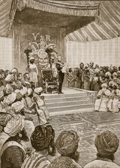 Kuningattaren julistaminen Intian keisarinnaksi vuonna 1877, kuvitus Cassells Illustrated History of Englandista (seepiakuva) tekijältä English School
