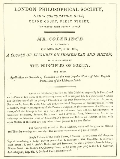 Coleridgen luentojen ohjelma vuodelta 1808 tekijältä English School