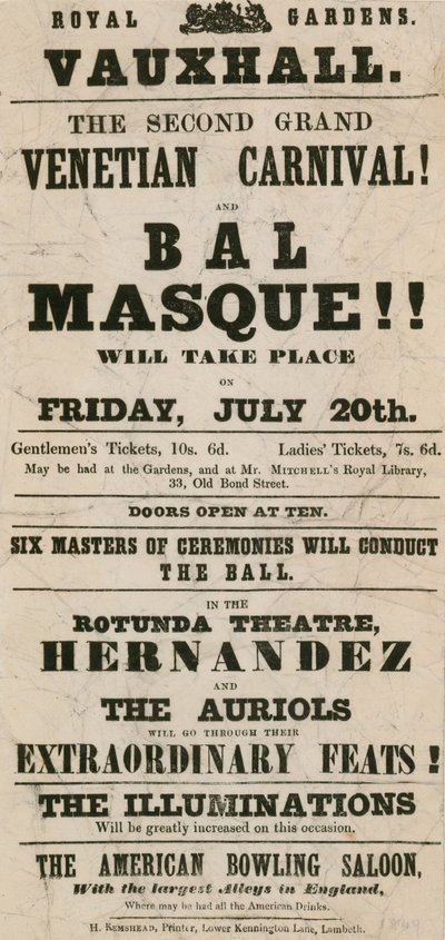 Mainoslehtinen toiselle suurelle venetsialaiselle karnevaalille ja Bal Masquelle Royal Gardensissa, Vauxhallissa, Lontoossa tekijältä English School