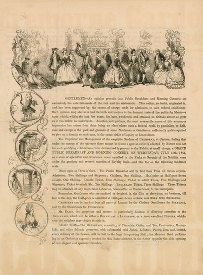 Mainoslehtinen suureen julkiseen aamiaiseen ja aamukonserttiin 15. heinäkuuta 1846 tekijältä English School