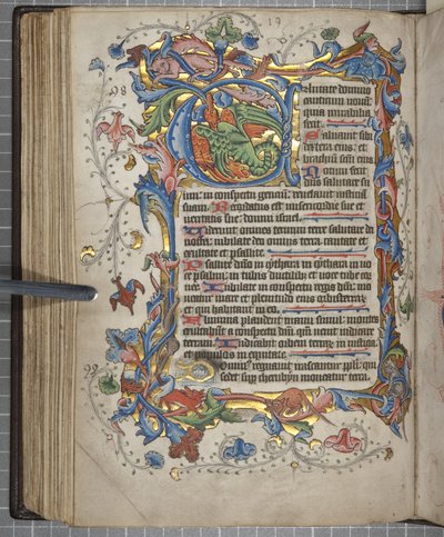 Psalteri Sarumilla käyttökalenteri, Fol 72 verso, n. 1425-1475 (mustetta, maalia ja kultaa velumilla) tekijältä English School