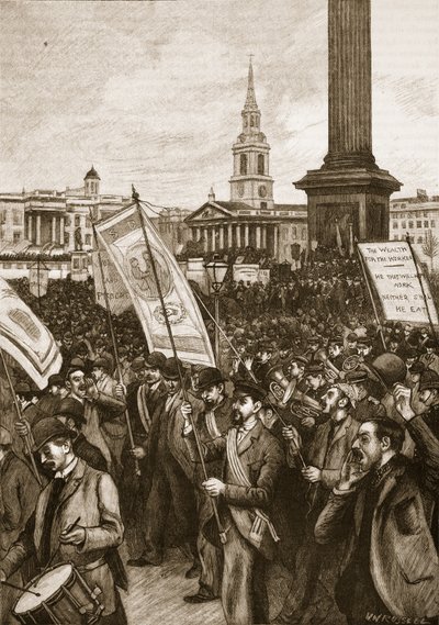 Julkinen kokous Trafalgar Squarella verisen sunnuntain muistoksi 1892, kuvitus Cassells Illustrated History of Englandista (seepiakuva) tekijältä English School