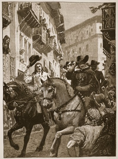 Prinssi Charlesin julkinen vastaanotto Madridissa, kuvitus Cassell Illustrated History of Englandista (seepiakuva) tekijältä English School