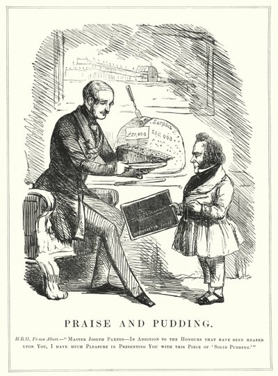 Punch-sarjakuva: Ylistys ja vanukas: Prinssi Albert palkitsee Joseph Paxtonin Crystal Palacen suunnittelusta vuoden 1851 onnistuneelle suurelle näyttelylle Lontoon Hyde Parkissa (kaiverrus) tekijältä English School