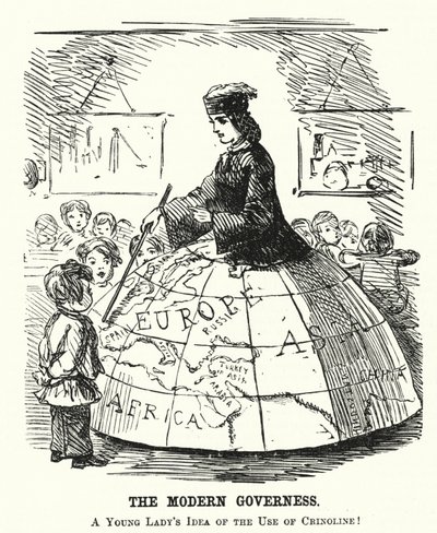 Punch-sarjakuva: The Modern Governess - leveä vannehame, joka toimii maantieteen opetuksen apuvälineenä (kaiverrus) tekijältä English School