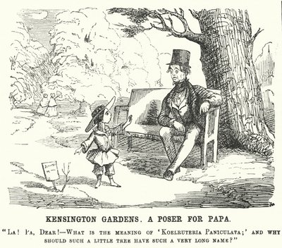 Punch-sarjakuva: lapsi kysyy isältään kysymyksen Kensington Gardensissa Lontoossa (kaiverrus) tekijältä English School