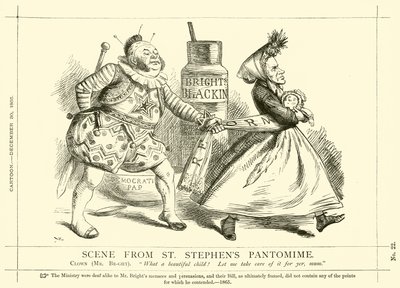 Punch-sarjakuva liittyen John Brightiin: Kohtaus St Stephenin pantomiimista, 30. joulukuuta 1865 (kaiverrus) tekijältä English School