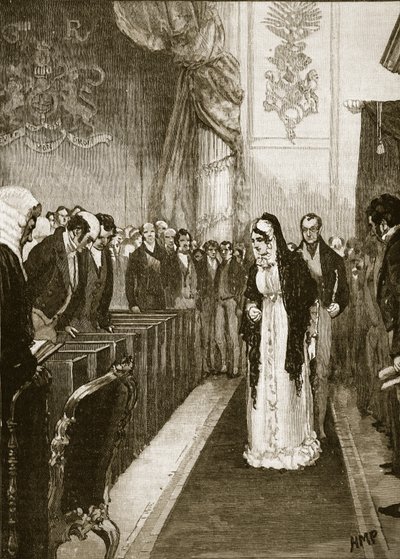 Kuningatar Caroline astumassa House of Lordsiin, kuvitus Cassells Illustrated History of Englandista (seepiakuva) tekijältä English School