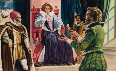 Kuningatar Elisabet I (1533-1603) ja Sir Francis Drake (1540-96) (guassi paperille) tekijältä English School