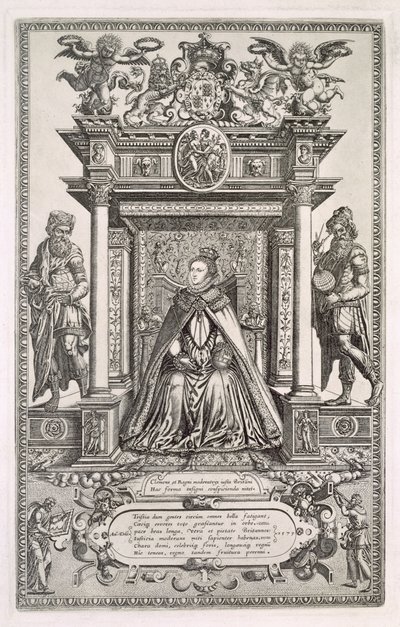 Kuningatar Elisabet I (1533-1603) maantieteen ja tähtitieteen suojelijana, Englannin Saxon Maps of Englandin etukappale, 1579 tekijältä English School