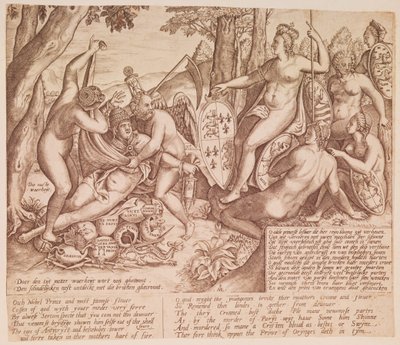 Englannin kuningatar Elisabet I jumalattarena Dianana, joka istuu tuomitsemassa paavi Gregorius XIII:n. tekijältä English School