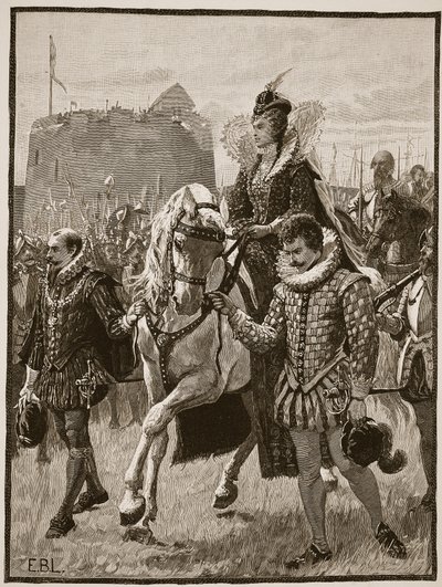Kuningatar Elisabet Tilburyssa, kuvitus Cassells Illustrated History of Englandista (seepiakuva) tekijältä English School