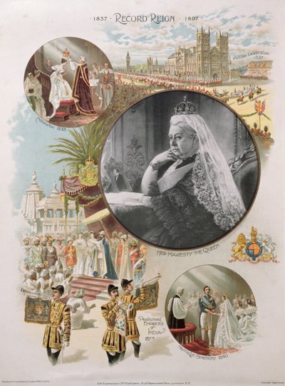 Kuningatar Victoria (1819-1901) kuvattuna timanttijuhlavuoden 1897 aikana yhdessä hänen elämänsä tärkeimpien tapahtumien kanssa, 1897 tekijältä English School