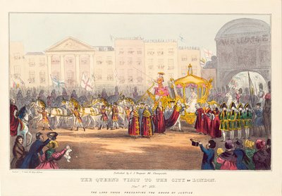 Kuningatar Victoria saapumassa Lontoon Cityyn Temple Barissa, kaiverrus G. Tregear, 1837 tekijältä English School