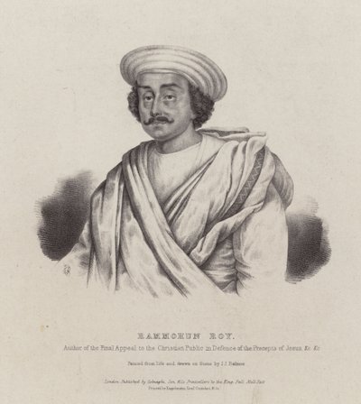 Ram Mohan Roy, intialainen filosofi, uudistaja ja Brahmo Sabha -liikkeen perustaja (litografia) (kuvassa) tekijältä English School